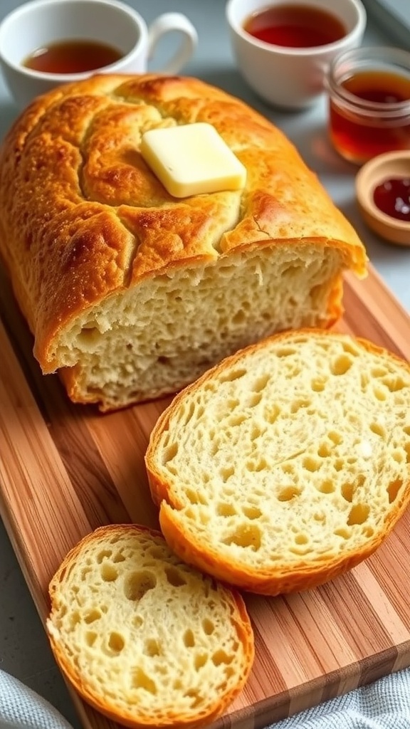 Gluten-Free English Muffin Bread Recipe Sliced gluten-free English muffin bread on a cutting board with butter and jam.
